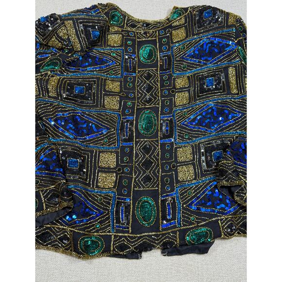 Scala Women 2X Black Gold Sequin Silk Beaded Long Sleeve Hook Eye Evening Jacket - Picture 12 of 12